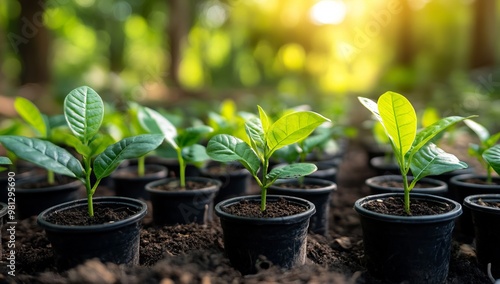 Seedlings Growing in Pots on Forest Floor with Sunlight Through Leaves. AI generated illustration