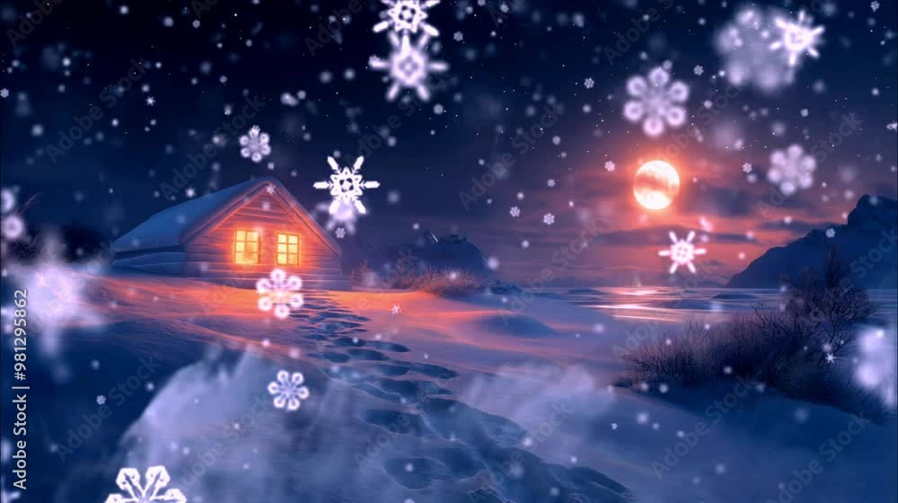 Cozy winter cabin under falling snow at moonrise. Seamless looping 4k time-lapse animation video background. Cozy winter cabin under falling snow at moonrise. Seamless looping 4k time-lapse animation video background.