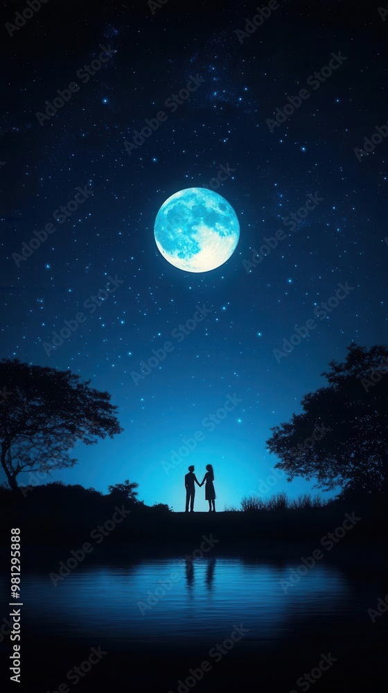 Naklejka premium A couple holding hands under a tranquil moonlit sky, love and serenity reflected in their eyes, [Lovers, Marriage, Stillness]