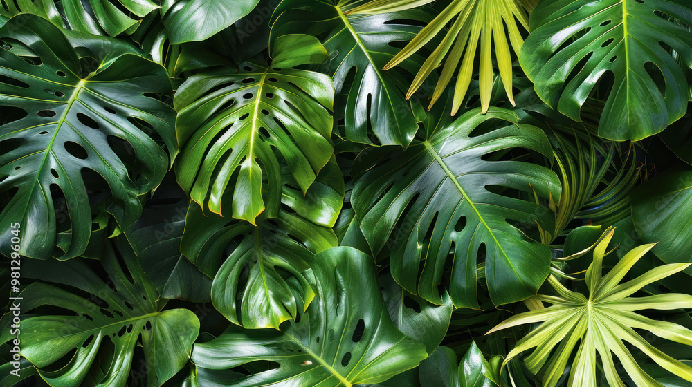 Lush green leaves create vibrant and tropical atmosphere, showcasing various shapes and textures. This image captures beauty of natures foliage, perfect for adding fresh touch to any design Lush green leaves create vibrant and tropical atmosphere, showcasing various shapes and textures. This image captures beauty of natures foliage, perfect for adding fresh touch to any design