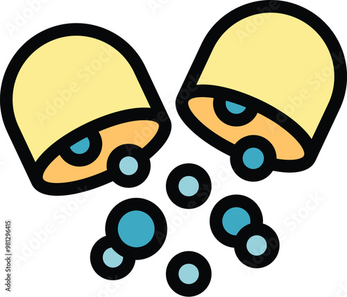 Open capsule pill dispensing medication as small round blue balls on a white background