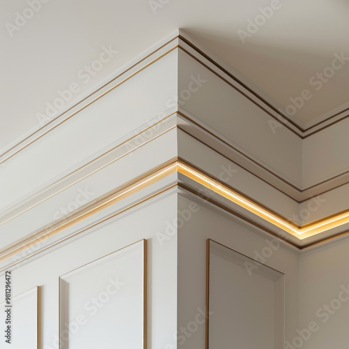 Modern architectural corner ceiling detail in smooth white finish with elegant lighting accents. This design showcases blend of simplicity and sophistication, enhancing overall aesthetic