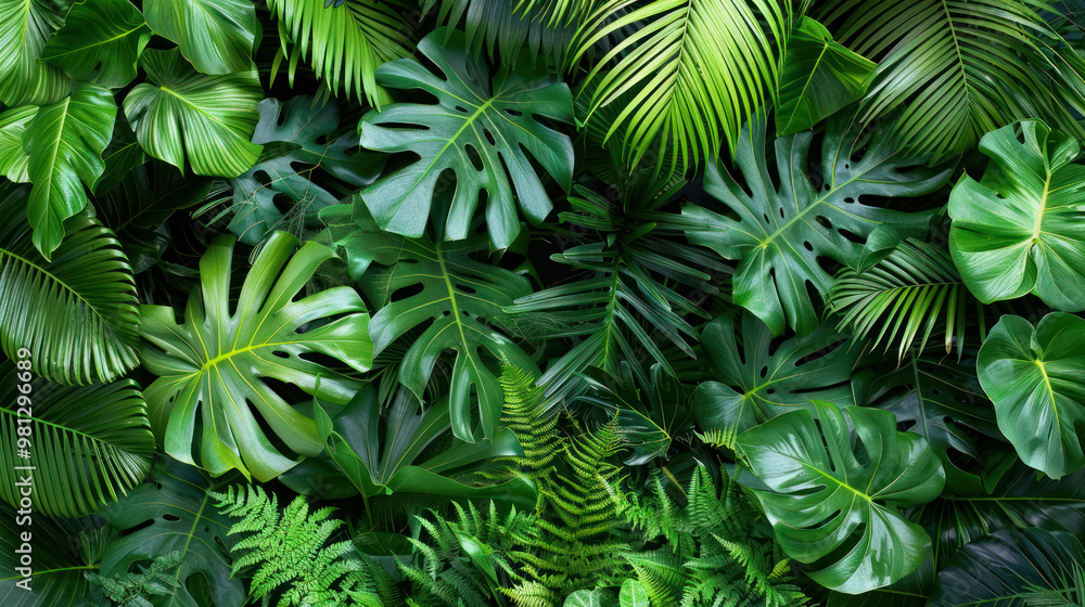 Lush green foliage creates vibrant and tropical atmosphere, showcasing variety of leaves including monstera, palm, and ferns. This natural arrangement evokes sense of tranquility and freshness Lush green foliage creates vibrant and tropical atmosphere, showcasing variety of leaves including monstera, palm, and ferns. This natural arrangement evokes sense of tranquility and freshness