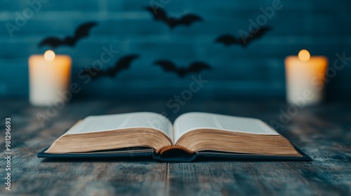 Open Book with Bats and Candles on Table