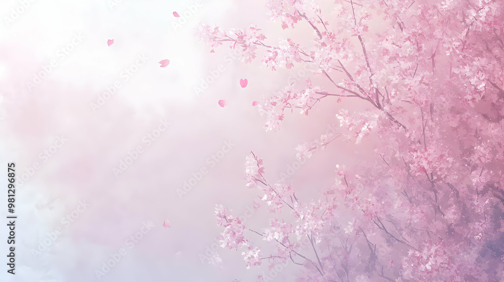 Pink Cherry Blossom Tree with Falling Petals in a Soft, Dreamy Sky Pink Cherry Blossom Tree with Falling Petals in a Soft, Dreamy Sky