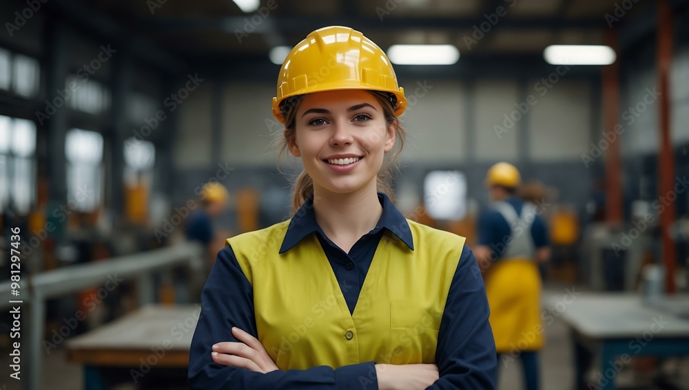 Confident young female worker in a glass factory, with a blurred workshop background Confident young female worker in a glass factory, with a blurred workshop background