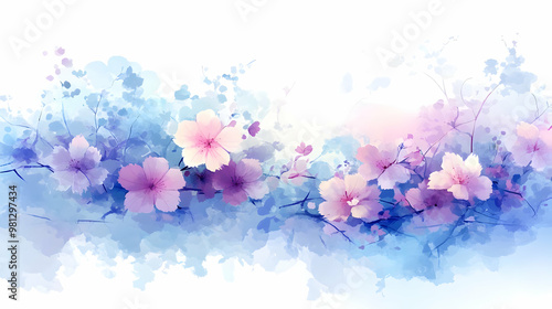 Watercolor Flowers, Delicate Pink Blossoms, Blue Watercolor Background