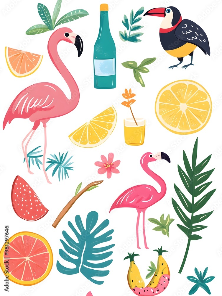 Set of cute summer icons. Hand drawn vector illustration. Flamingo, toucan, tropical palm leaves, fruits, food, drinks. Summertime poster, scrapbooking elements Set of cute summer icons. Hand drawn vector illustration. Flamingo, toucan, tropical palm leaves, fruits, food, drinks. Summertime poster, scrapbooking elements