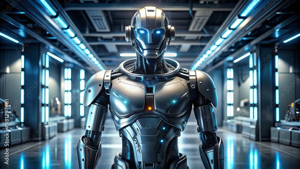 A futuristic, sleek, and shiny metal robot with glowing blue eyes and flexible mechanical arms stands alone in a dimly lit, modern laboratory setting. A futuristic, sleek, and shiny metal robot with glowing blue eyes and flexible mechanical arms stands alone in a dimly lit, modern laboratory setting.