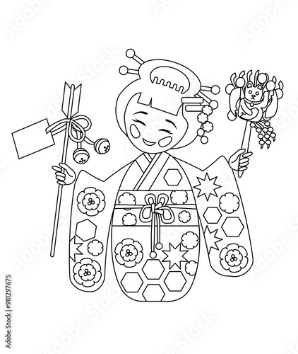 Vector illustration of a kokeshi girl with Kumade and Hamaimi. photo