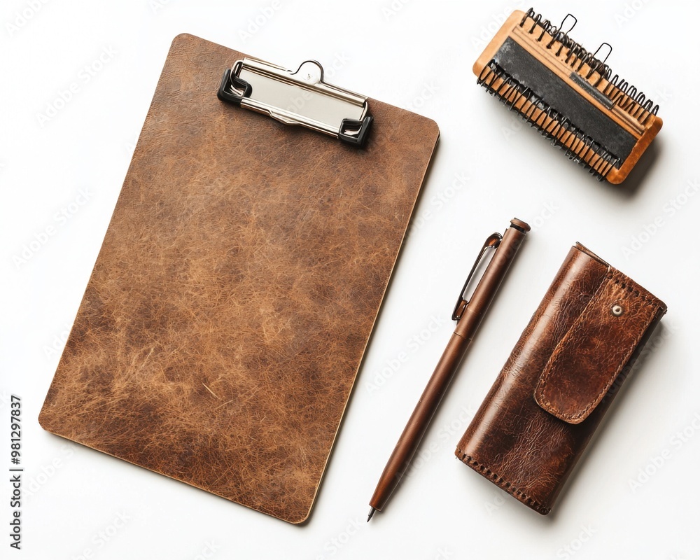 Leather Clipboard, Pen, and Wallet on White Background. Leather Clipboard, Pen, and Wallet on White Background.