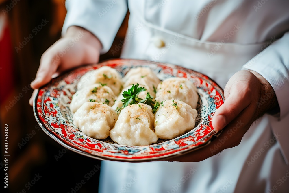 The waiter is holding a plate with traditional Slovak bryndza dumplings. Original name - Bryndzove halusky The waiter is holding a plate with traditional Slovak bryndza dumplings. Original name - Bryndzove halusky