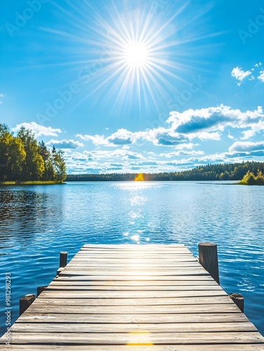 Fototapeta Naklejka Na Ścianę i Meble -  Traditional Finnish and Scandinavian view. Beautiful lake on a summer day and an old rustic wooden dock or pier in Finland. Sun shining on forest and woods in blue sky