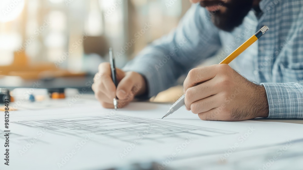 Architect wearing a turban sketching building designs at a drafting table Architect wearing a turban sketching building designs at a drafting table