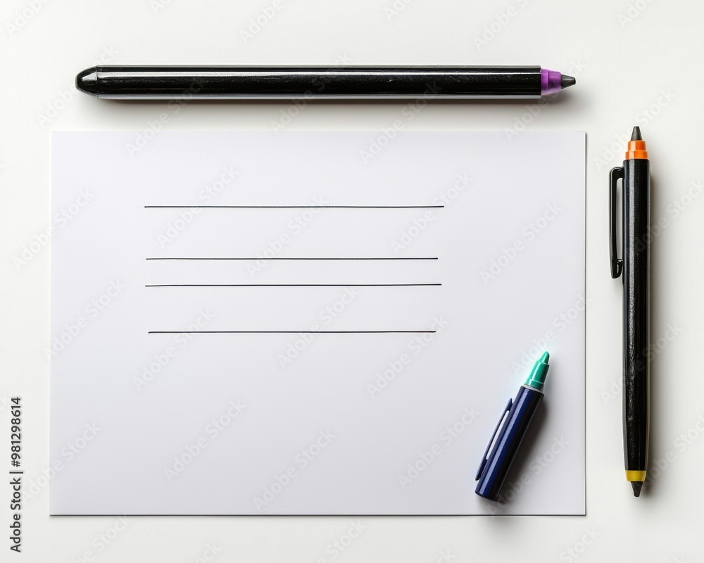 Blank White Paper with Pens on White Table. Blank White Paper with Pens on White Table.