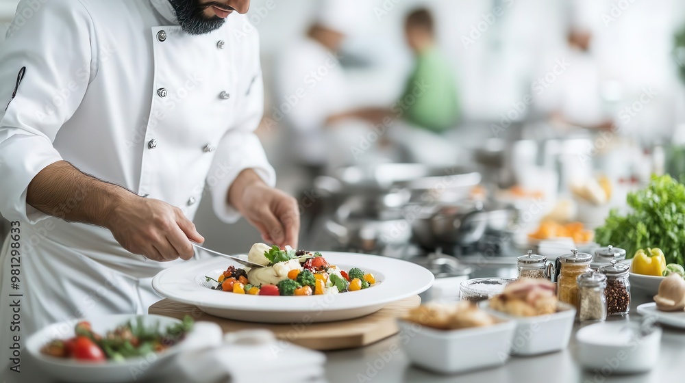 Chef wearing a turban preparing a gourmet dish in a bustling kitchen, culinary arts Chef wearing a turban preparing a gourmet dish in a bustling kitchen, culinary arts