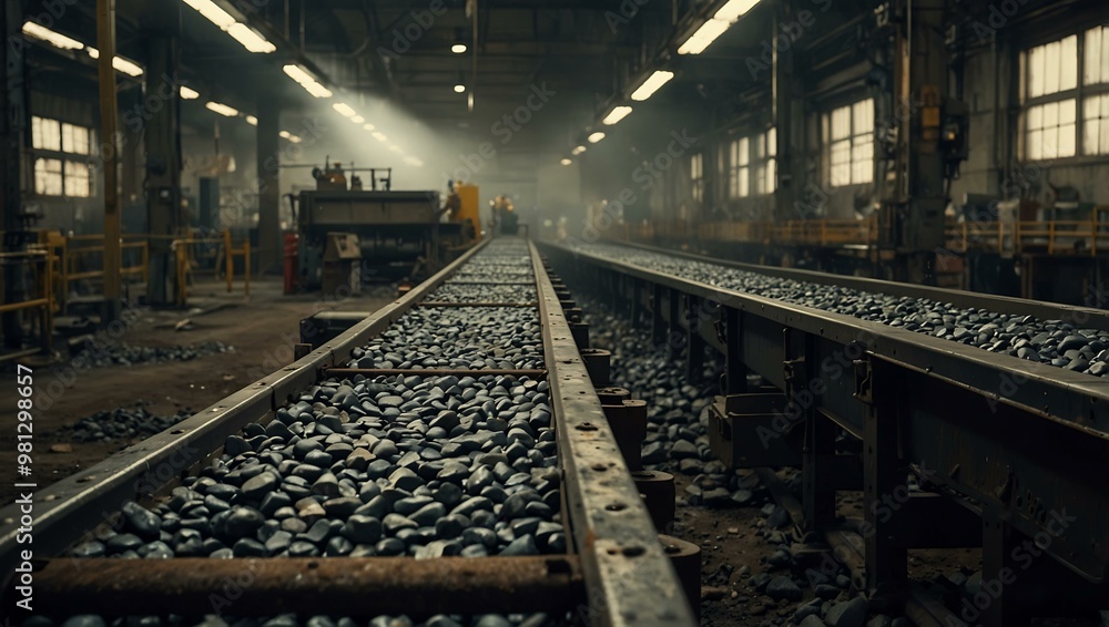 Conveyor belt moving rocks in a gritty industrial setting. Conveyor belt moving rocks in a gritty industrial setting.