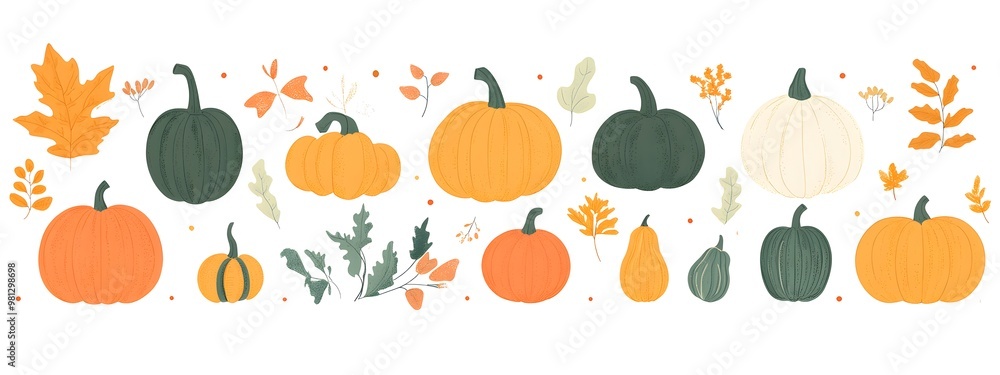 Pumpkins and gourds in various shapes, sizes, and colors on a white background. Vector illustration Pumpkins and gourds in various shapes, sizes, and colors on a white background. Vector illustration