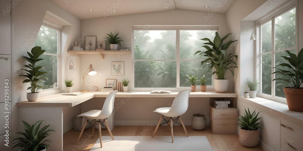 Cozy eco natural decor in light bedroom. Plenty of light and potted plants. AI generated Cozy eco natural decor in light bedroom. Plenty of light and potted plants. AI generated