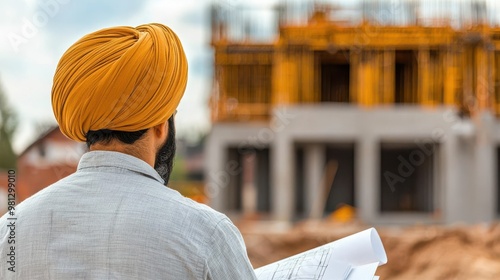 Engineer wearing a turban inspecting a construction site, focused on blueprints photo