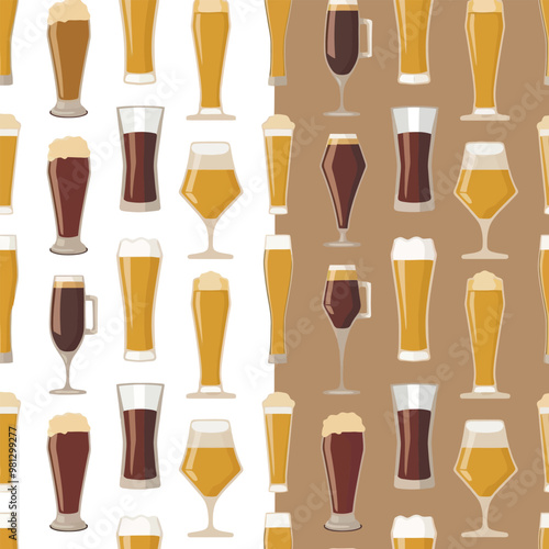 A seamless pattern of different types of beer glasses and mugs in a minimalist style