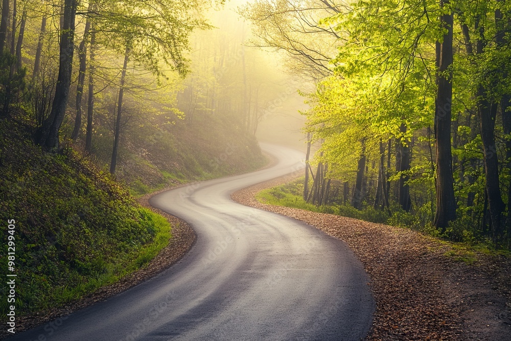 Fototapeta premium Winding Forest Road in Spring with Green Trees and Misty Morning Light. AI generated illustration