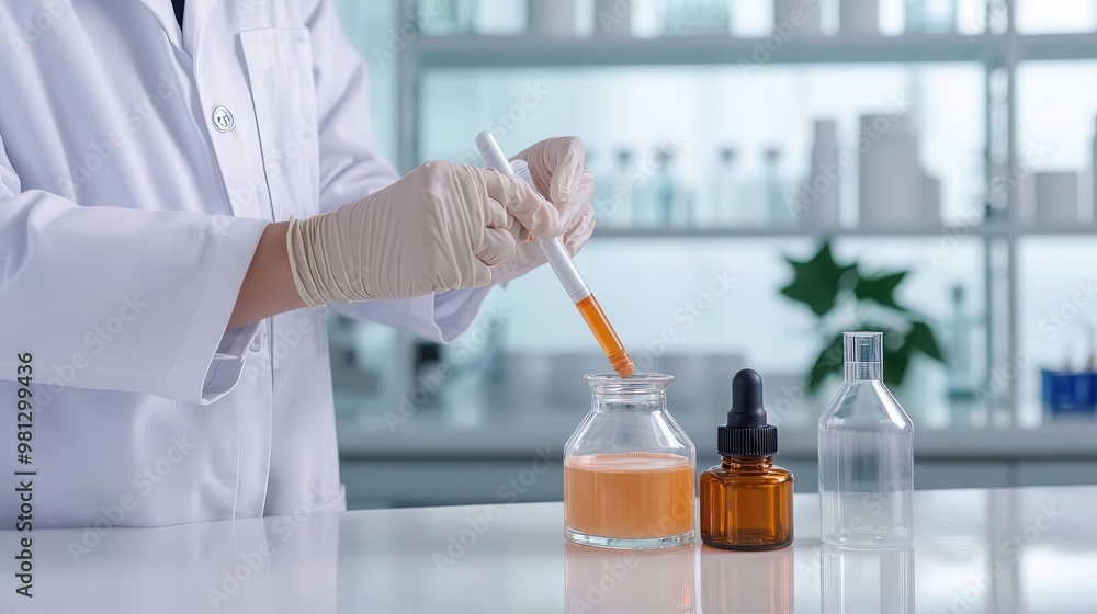 Person in a lab coat testing cosmetic formulas in a high-tech laboratory Person in a lab coat testing cosmetic formulas in a high-tech laboratory
