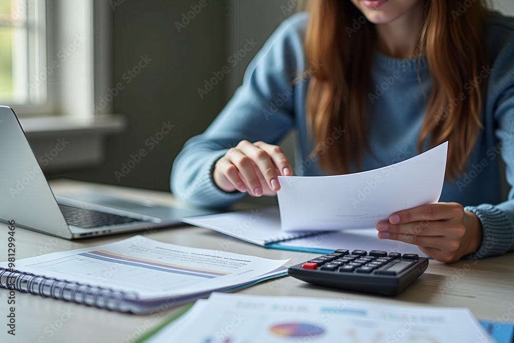 A young professional reviewing documents while working on a laptop, with a calculator and pencil on the desk. The setting suggests a modern office or home workspace, focusing on concentration and prod
