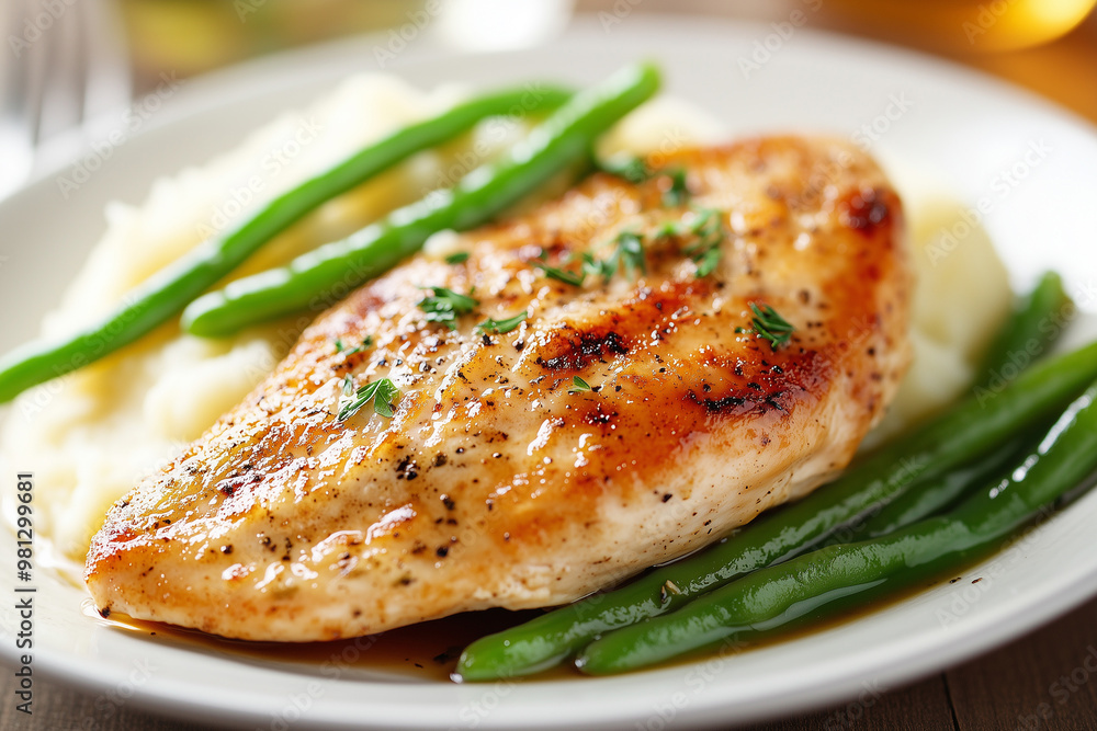 Grilled chicken breast with mashed potatoes and green beans Grilled chicken breast with mashed potatoes and green beans