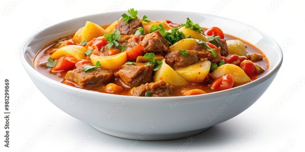 Delicious goulash in a white bowl isolated against a background, Goulash, stew, Hungarian cuisine, comfort food, beef, paprika Delicious goulash in a white bowl isolated against a background, Goulash, stew, Hungarian cuisine, comfort food, beef, paprika