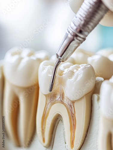 The tooth's root canal has been cleaned, and filling material is being used to fill the canal, ensuring no gaps.