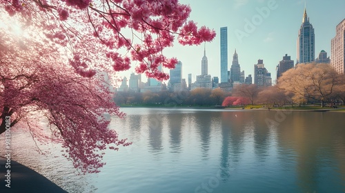 Fototapeta Naklejka Na Ścianę i Meble -  Central Park in spring with flowers and Midtown Manhattan picture
