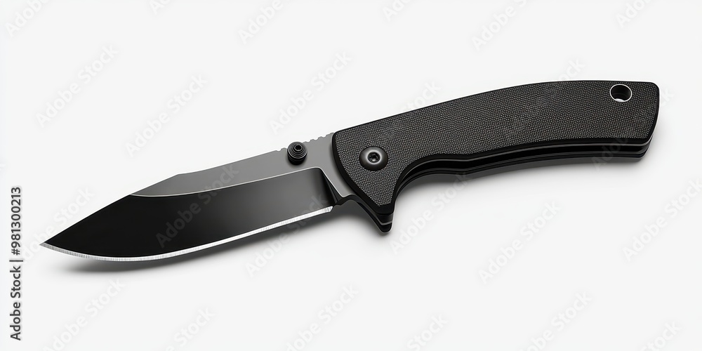 A sleek, modern folding knife with a black handle and sharp blade, perfect for outdoor activities and everyday use, white background A sleek, modern folding knife with a black handle and sharp blade, perfect for outdoor activities and everyday use, white background