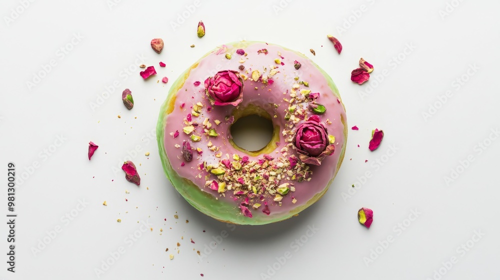 pastel pink and green doughnut topped with rose petals and pistachios, isolated on a white background, high-resolution photography with soft lighting and scattered toppings pastel pink and green doughnut topped with rose petals and pistachios, isolated on a white background, high-resolution photography with soft lighting and scattered toppings