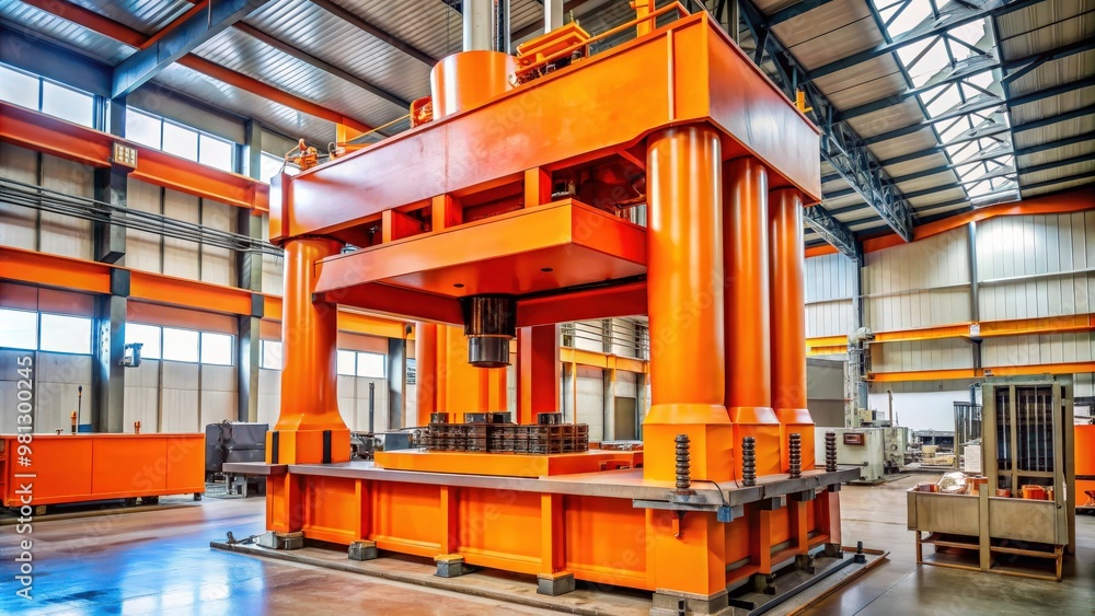 Orange hydraulic press at a metal processing plant , metal, machinery, industrial, equipment Orange hydraulic press at a metal processing plant , metal, machinery, industrial, equipment