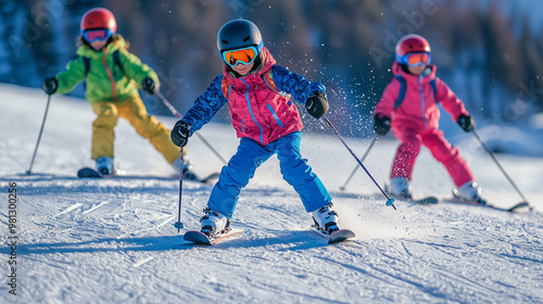 Ski Lesson for Kids: Fun on the Slopes with Bright Skies