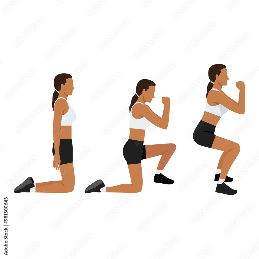 Young woman doing Knee to squat. Flat vector illustration isolated on white background Young woman doing Knee to squat. Flat vector illustration isolated on white background