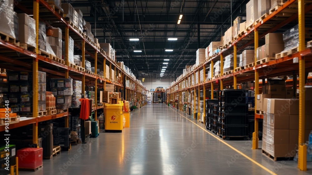 Organized Warehouse Aisle Showcasing Efficient Inventory Management and Modern Storage Solutions Organized Warehouse Aisle Showcasing Efficient Inventory Management and Modern Storage Solutions