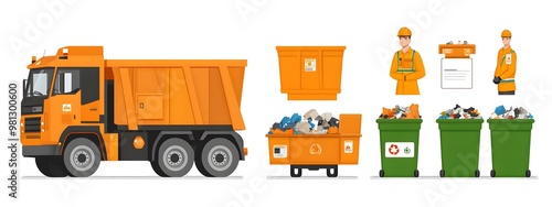 An illustration of garbage collection vehicles and trash cans in orange, with illustrations showing workers carrying the waste to green bin trucks. 