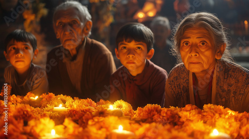 Family Reunion: A warm family gathered at an ofrenda, with spirit versions of deceased relatives appearing in the background, glowing with light photo