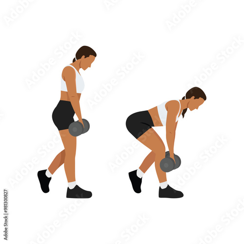 Young woman doing b stance Romanian deadlift with dumbbell for glute exercise. Flat vector illustration isolated on white background