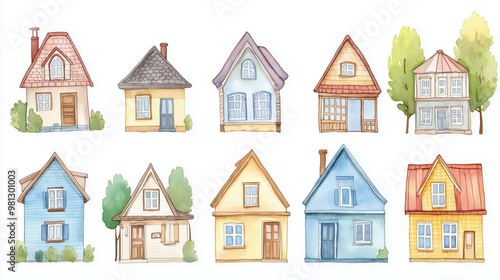 Charming collection of hand-painted houses featuring various styles and colors, perfect for home-related designs and illustrations.