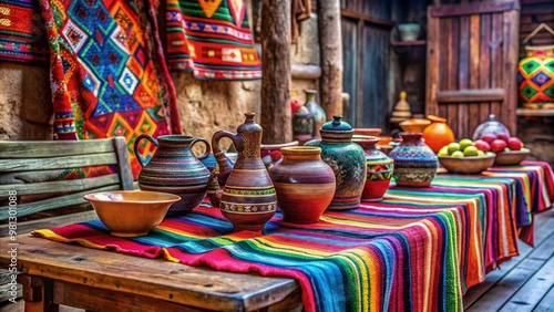 Vibrant colorful textiles and rustic pottery adorn a worn wooden table, evoking a sense of nostalgia and warmth in a timeless cultural heritage scene. photo