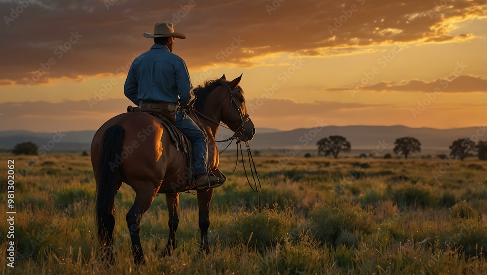 Cowboy and horse at sunset in a vast prairie, enjoying nature's beauty. Cowboy and horse at sunset in a vast prairie, enjoying nature's beauty.