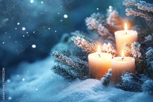 Burning Candles in a Snowy Evergreen Branch