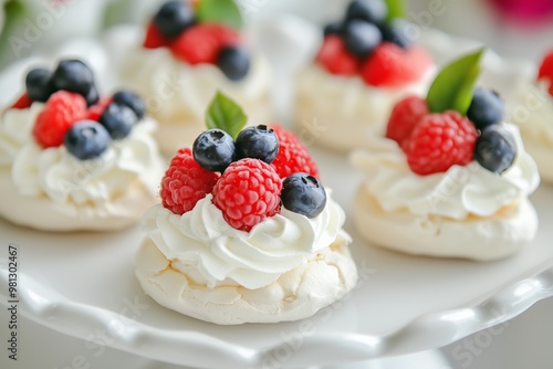 mini pavlovas topped with dollops of whipped cream and vibrant fresh berries like strawberries, raspberries, and blueberries, artfully arranged on a white ceramic plate