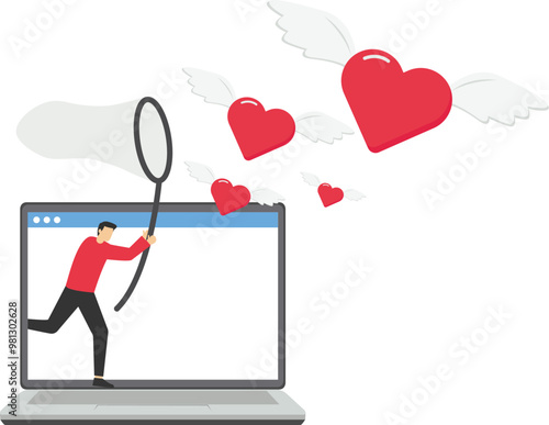 Businessman through the laptop using butterfly net to catch flying heart. Finding relationship, romance dating, desire or aspiration. Vector illustration.

