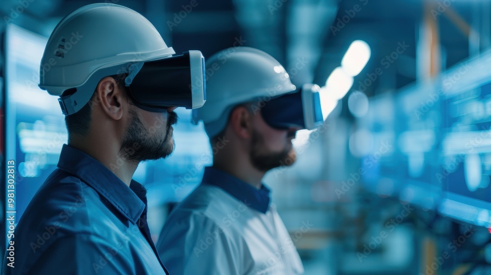 Engineers wearing virtual reality headsets in a modern industrial environment. They are engaged in immersive simulations for training and project planning in a high-tech facility. Engineers wearing virtual reality headsets in a modern industrial environment. They are engaged in immersive simulations for training and project planning in a high-tech facility.