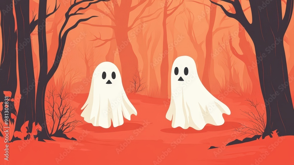 Halloween Two white ghosts are walking through a forest Halloween Two white ghosts are walking through a forest