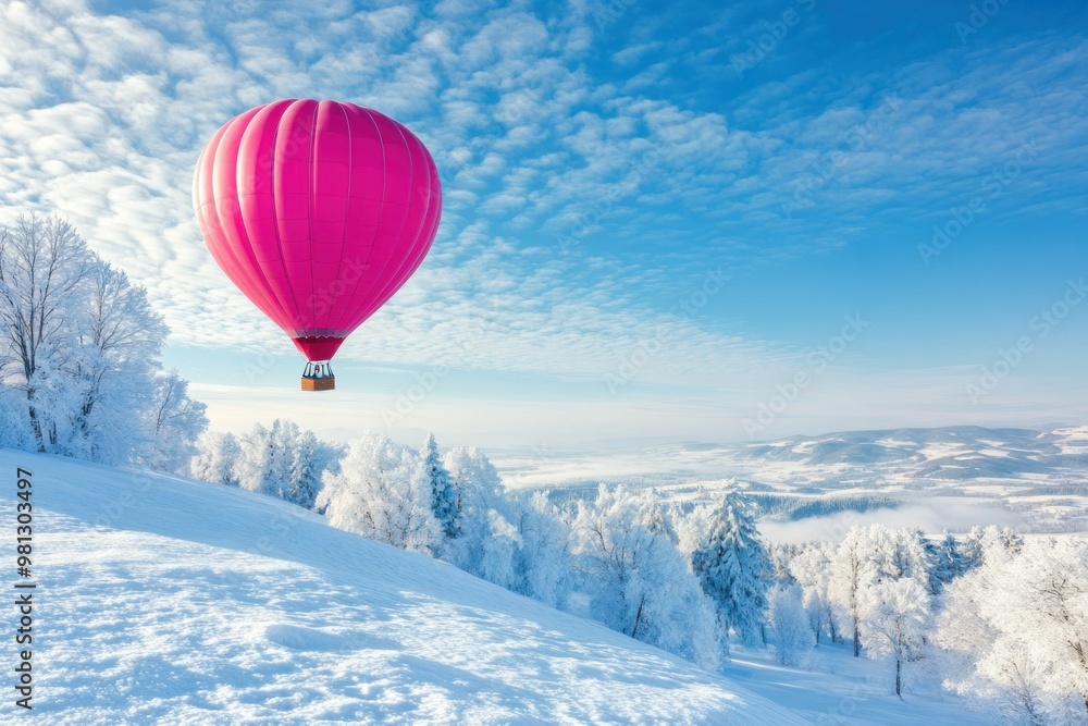 Naklejka premium Pink Hot Air Balloon Soaring Over a Snowy Winter Landscape